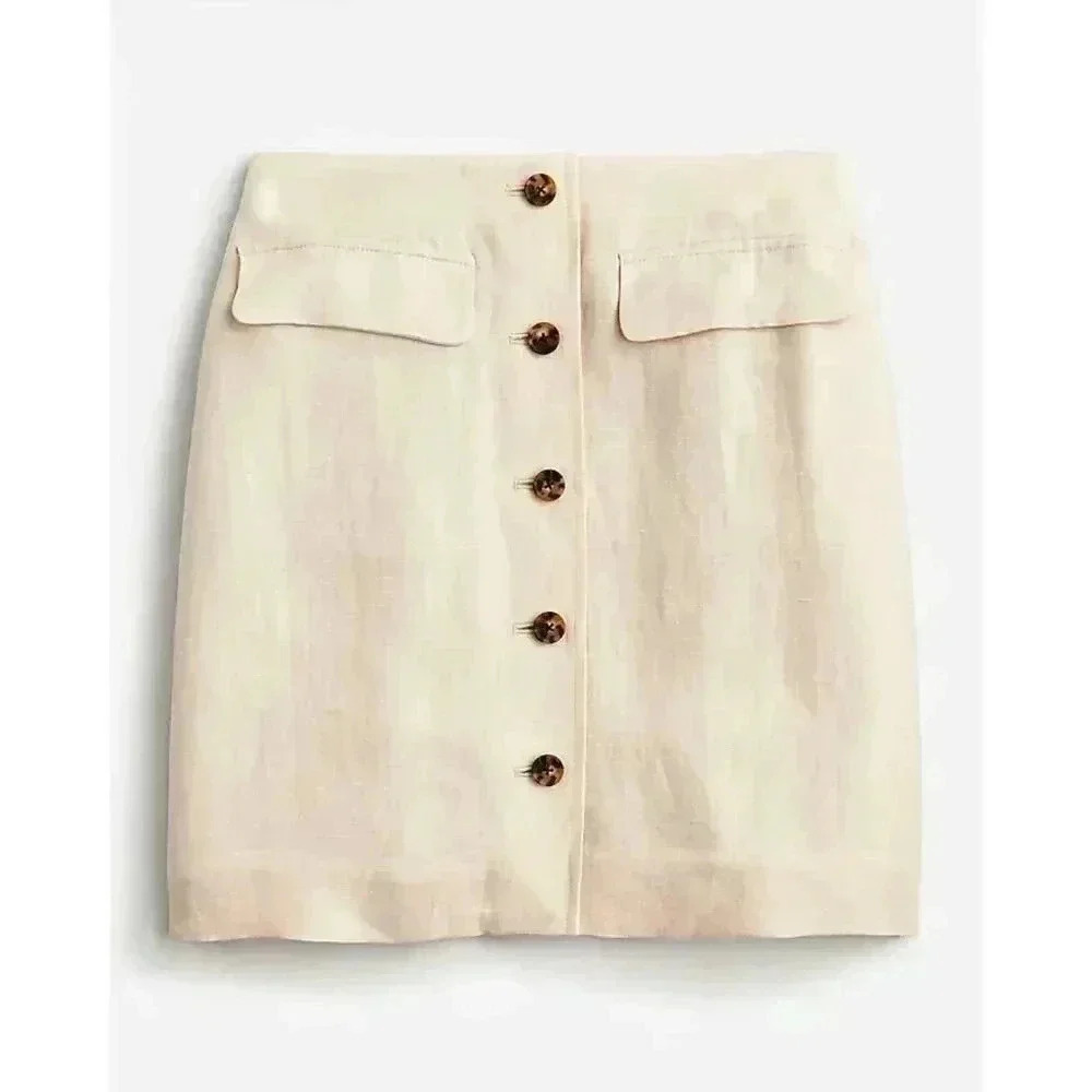 J.Crew Button Front Linen Cupro Blend Skirt Size 2 Womens Tan Lined Fall Wear